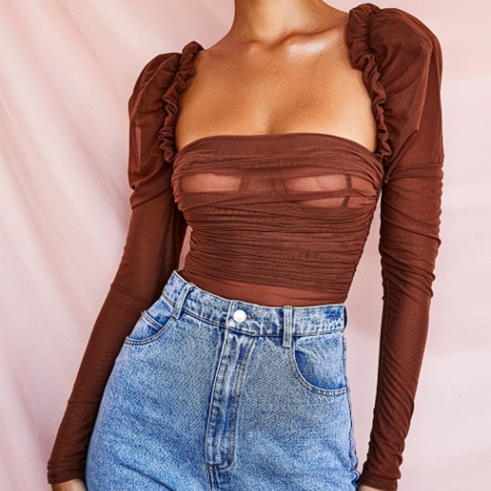 House of CB 'Emme' Mocha Ruched Chiffron Puff Sleeve Bodysuit NWOT